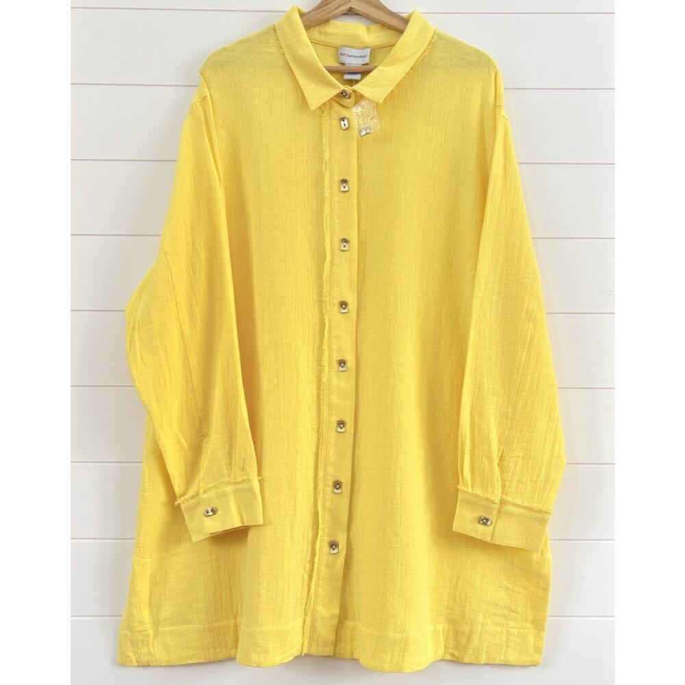 SOFT SURROUNDINGS Linen Cotton Button Up Tunic Raw Edge Metal Tabs Yellow 2X